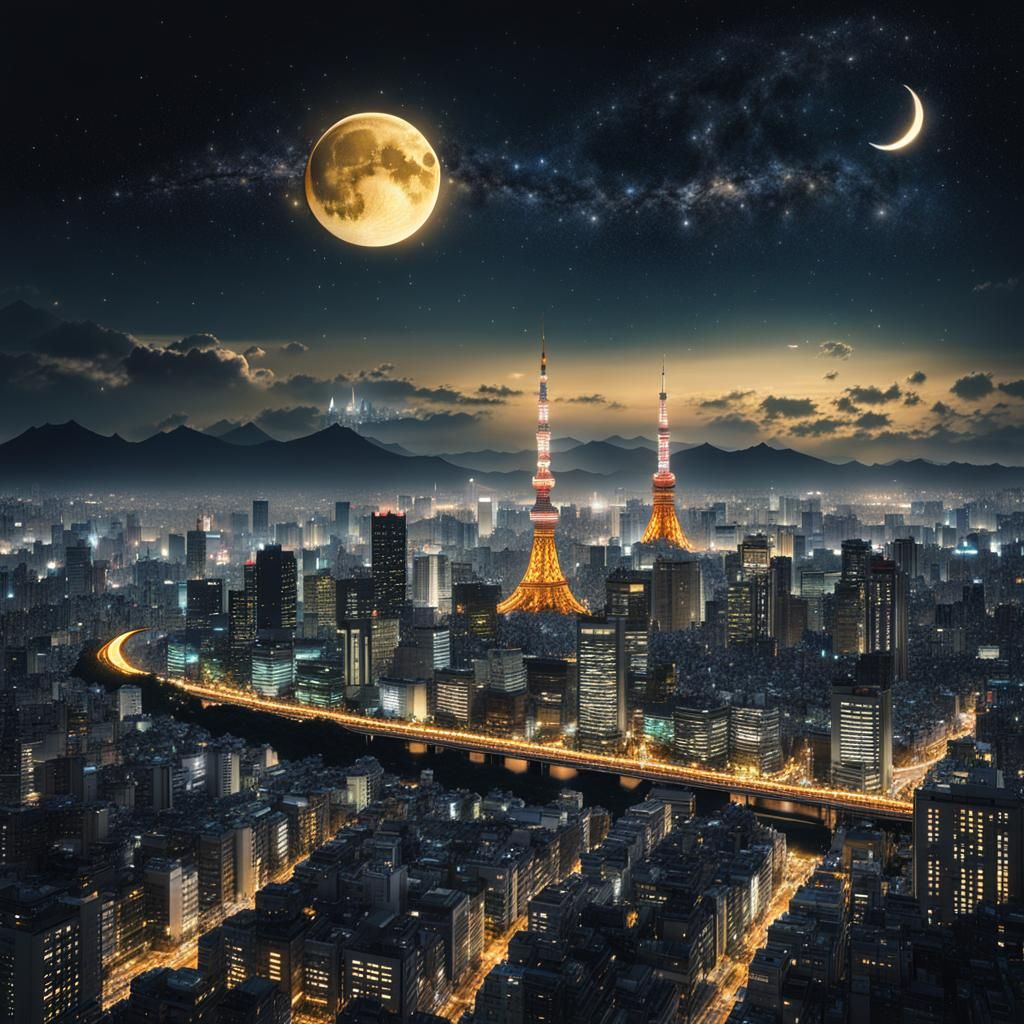 Tokyo Skyline at Night Under Crescent Moon