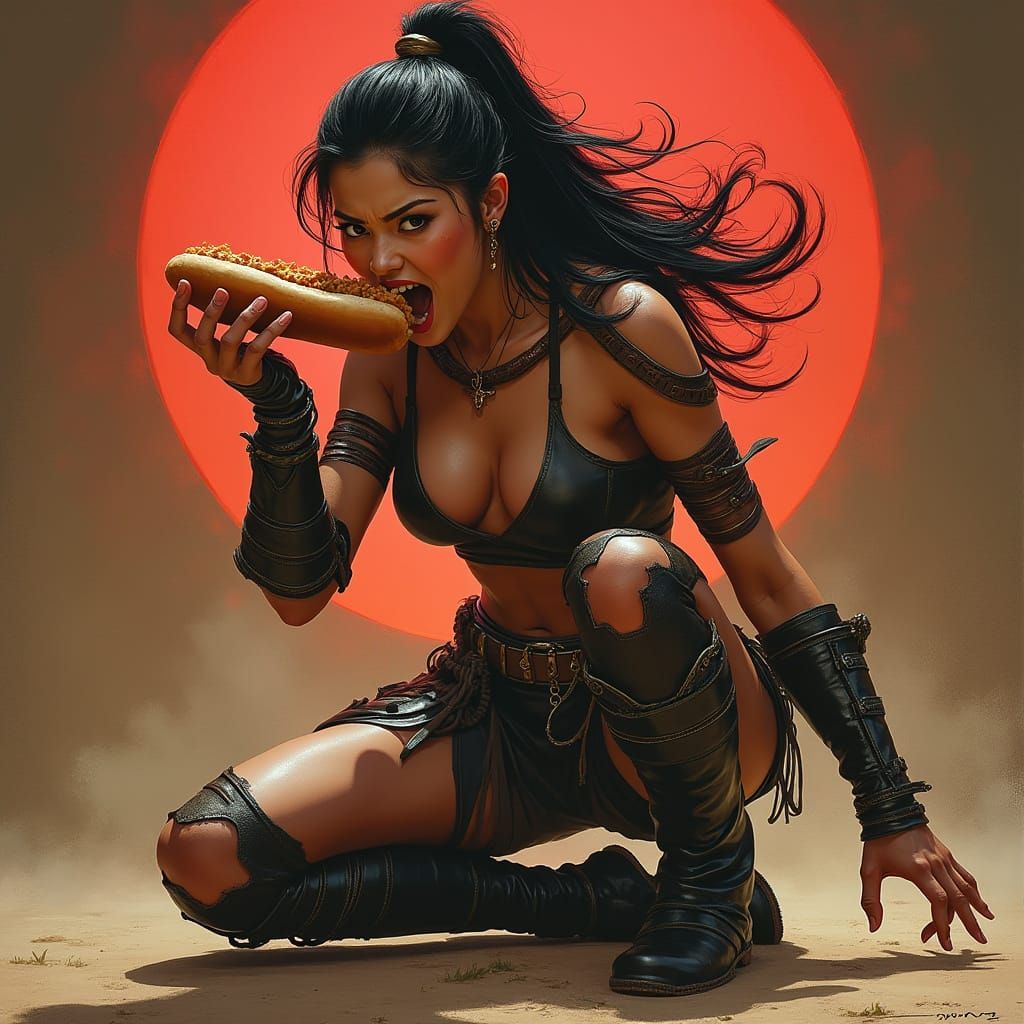 Fierce Huntress Devouring a Hotdog