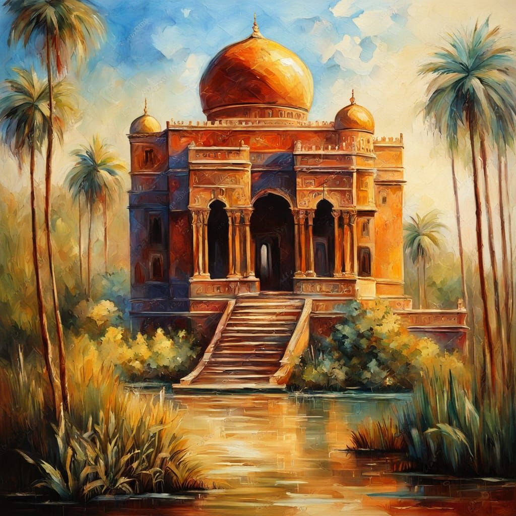 Ethereal Oriental Palace Scene Along a Glittering River