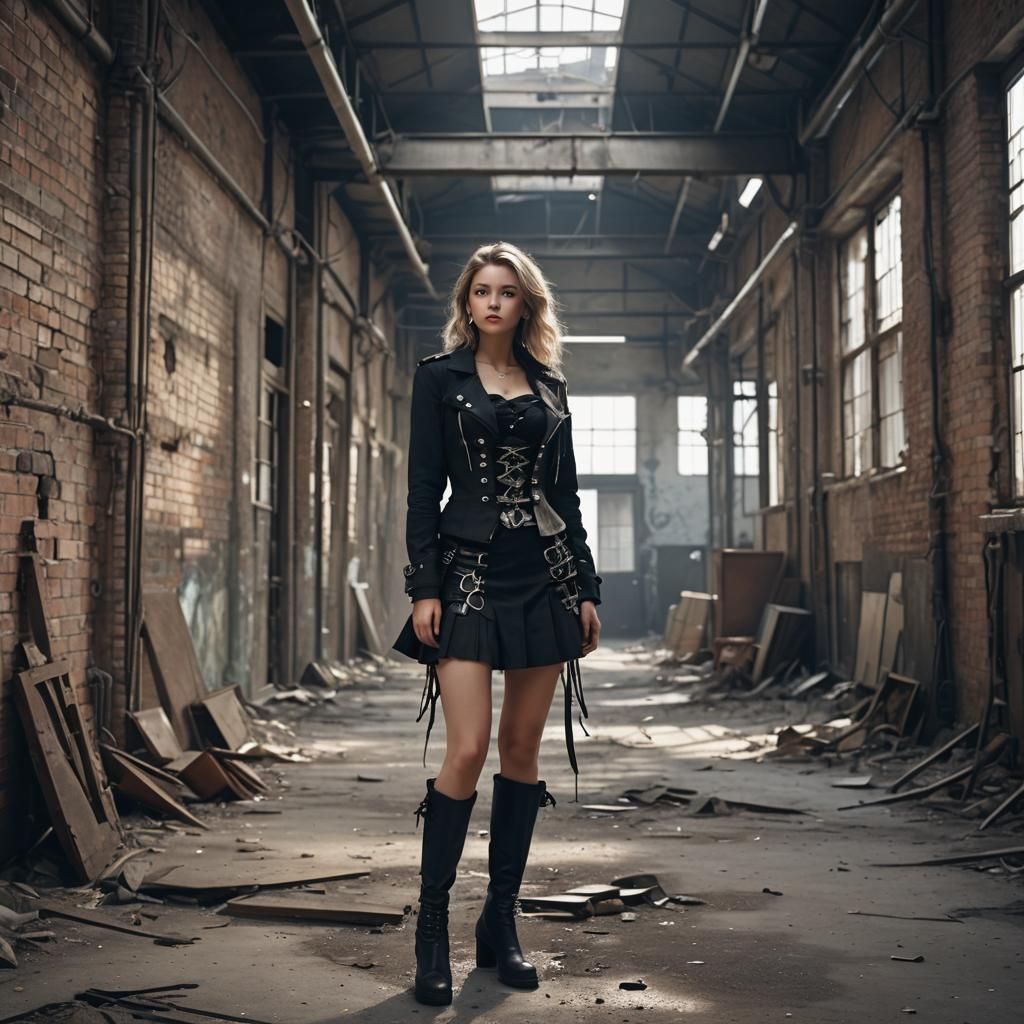 Fashionable Woman Poses in Abandoned Factory: High Definitio...