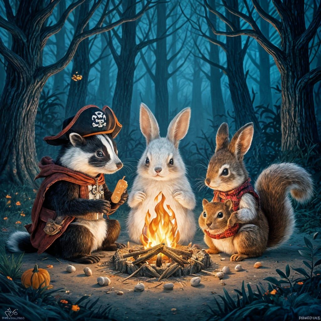 Woodland Creatures in Halloween Costumes by Campfire