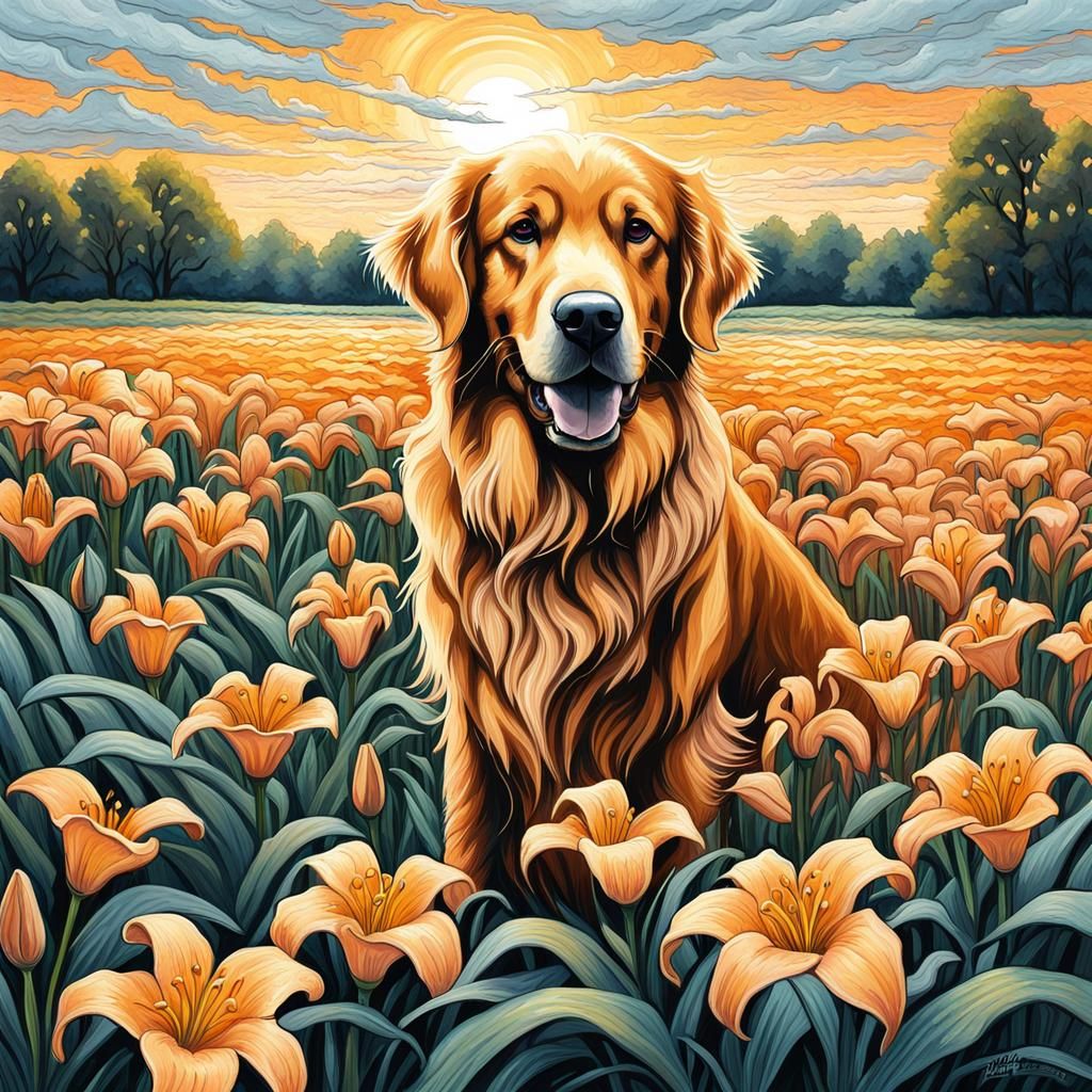 Golden Retriever in Lilies: Pastel Gouache Impressionist Art