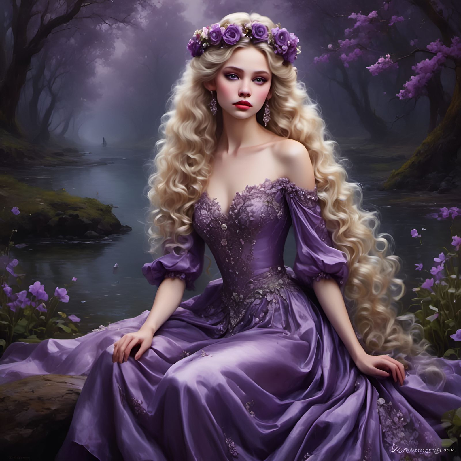 Fae Queen on Forest Throne with Flower Crown