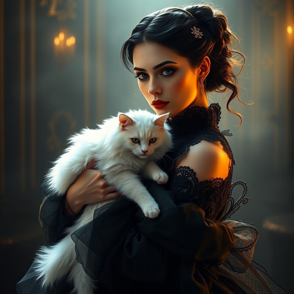 Victorian Gothic Goddess with Majestic White Cat