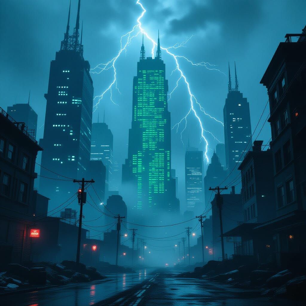 Cyberpunk Cityscape Ablaze with Code