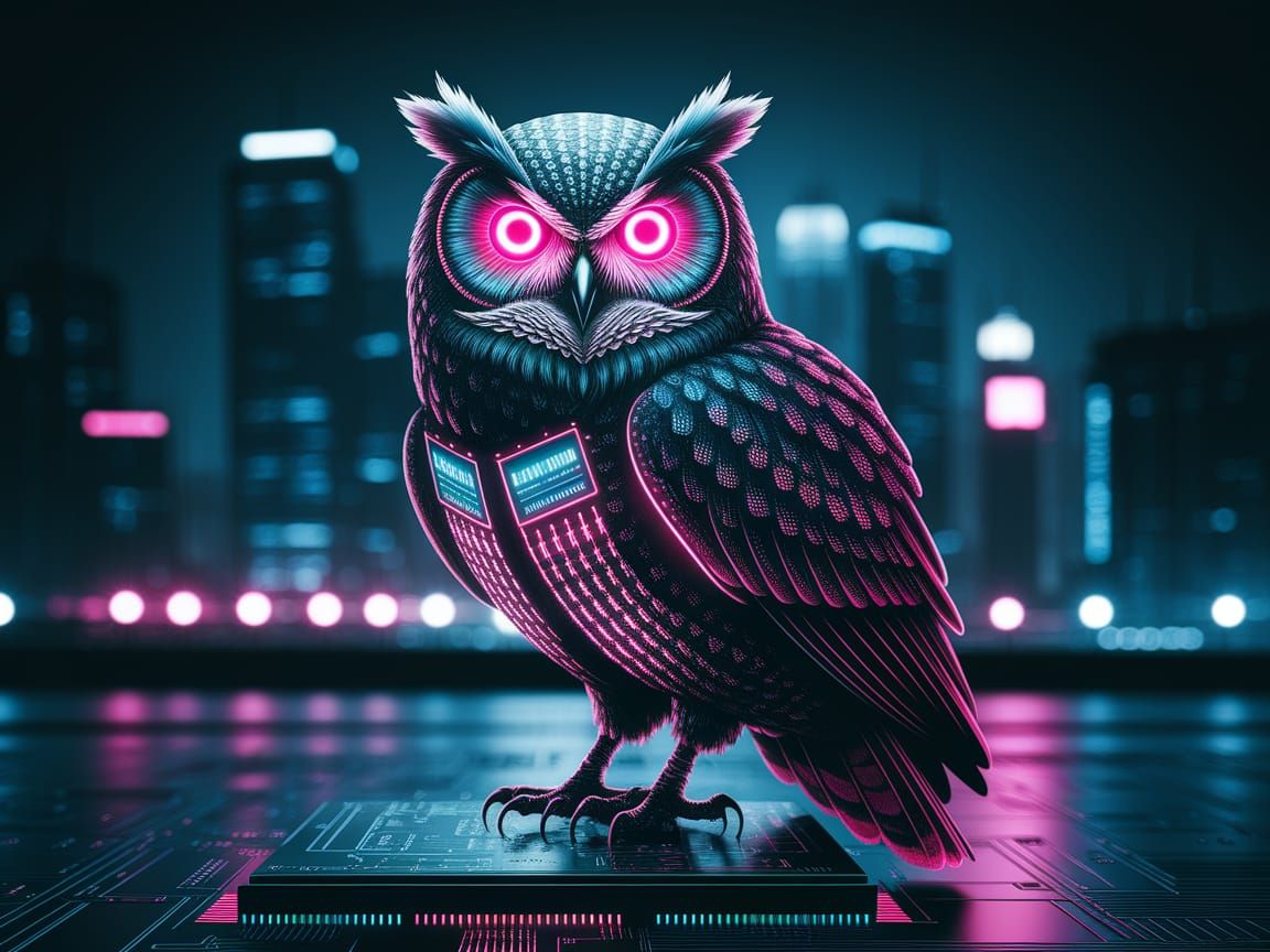 Cyberpunk Owl Illuminated on Circuit Board