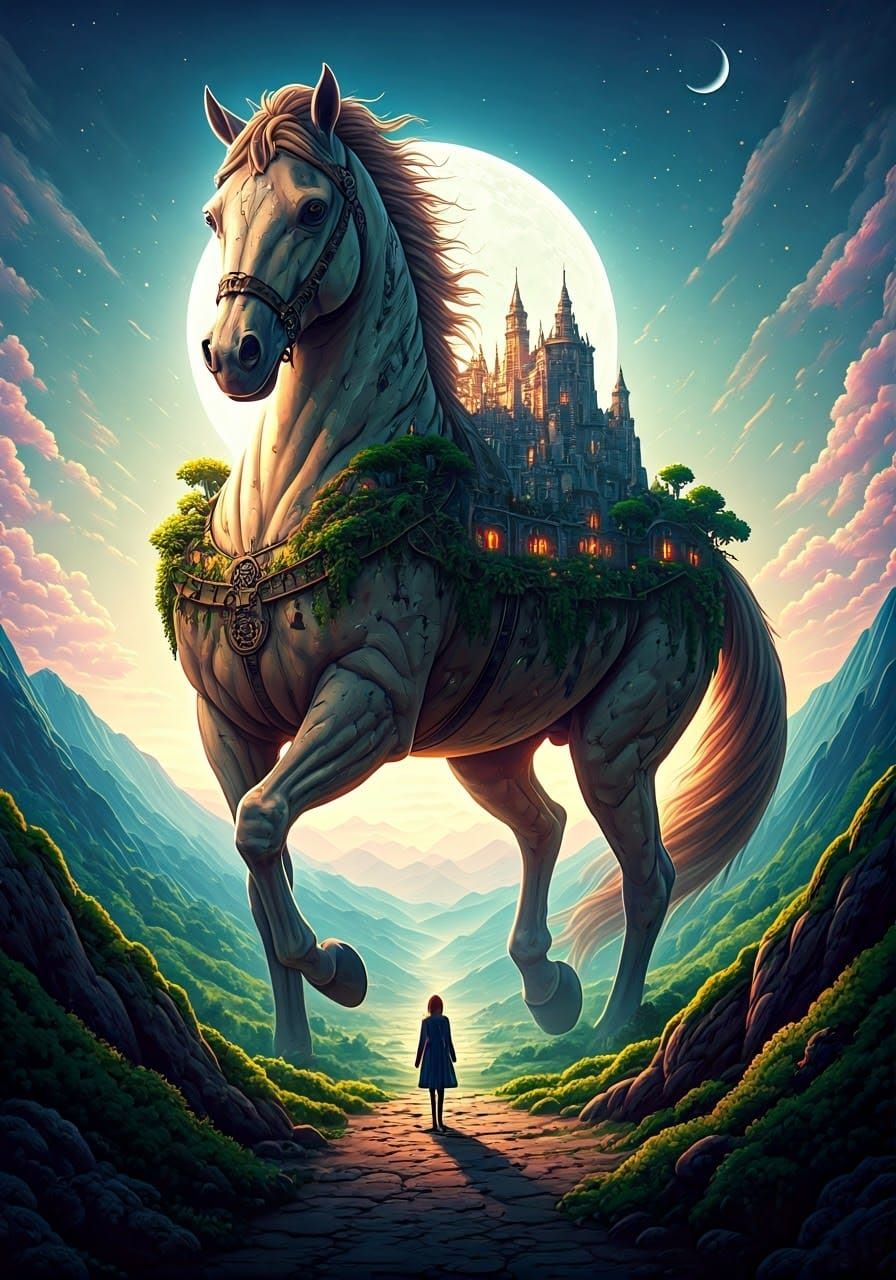Ethereal Steampunk Horse with Castle and Cityscape