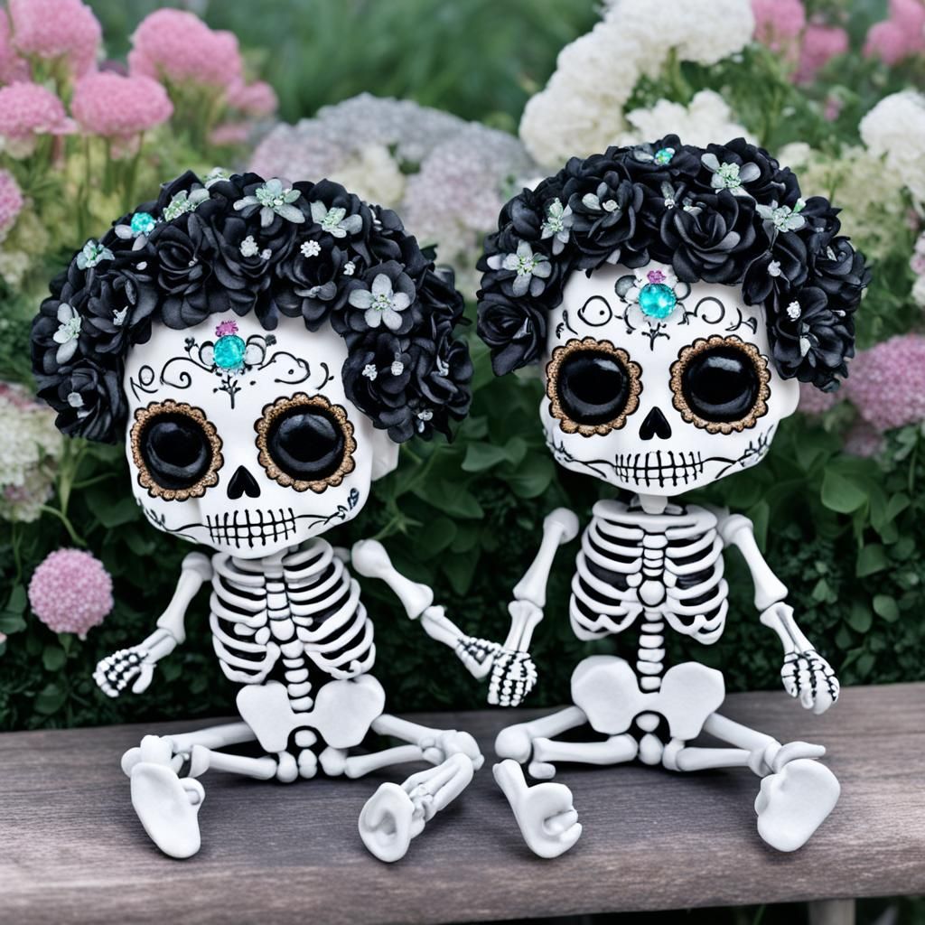 Adorable Chibi Sugar Skull Skeletons with Flowers