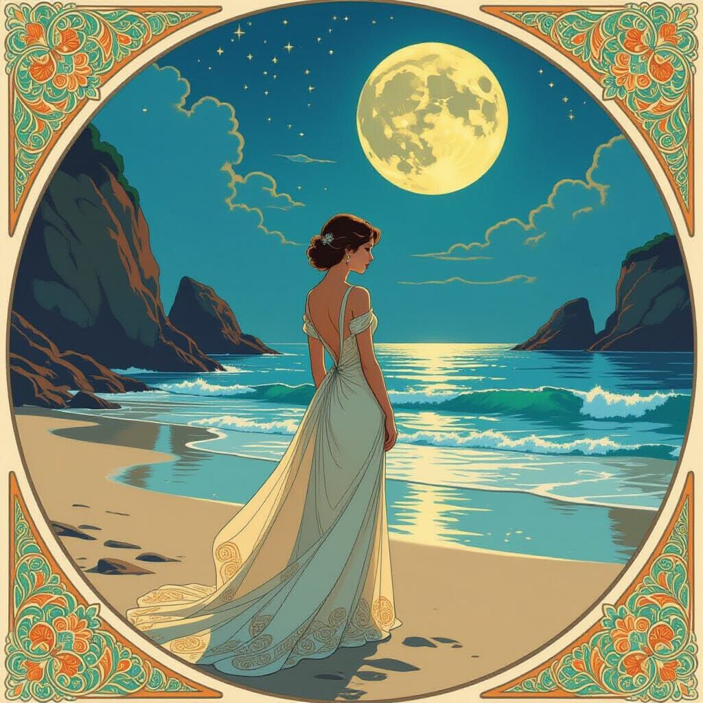 Elegant Woman on Moonlit Beach in Art Nouveau Style