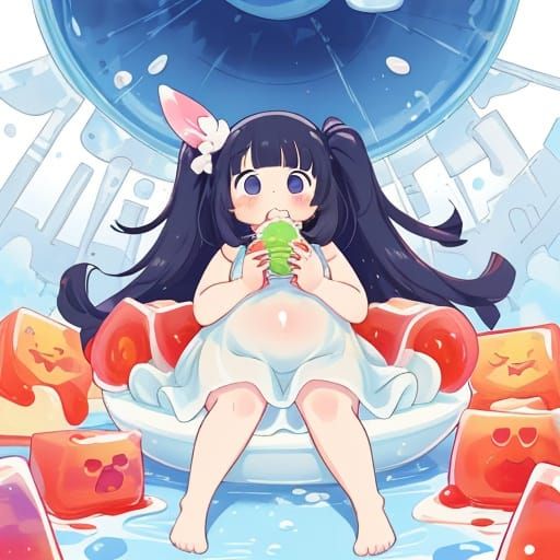Obese Anime Girl Immersed in Jell-O Factory