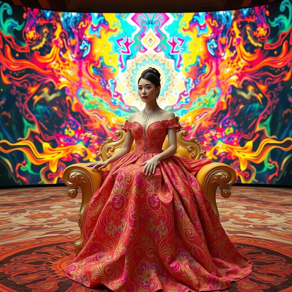Woman in Ornate Gown Before Kaleidoscopic Screen