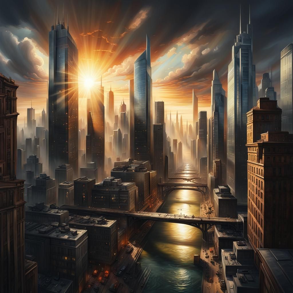 Dramatic Cityscape at Sunset: Digital Matte Painting
