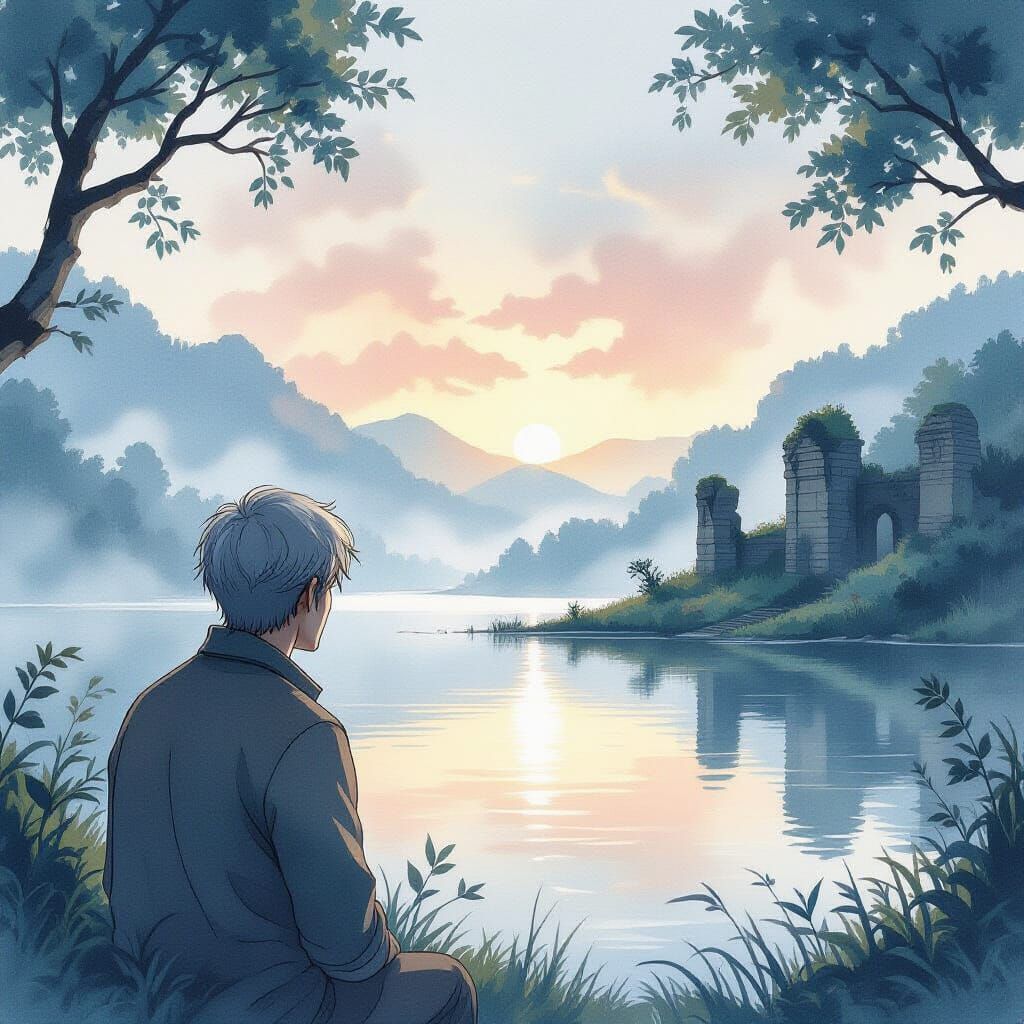 Man Contemplating Mist Lake Dawn Ruins