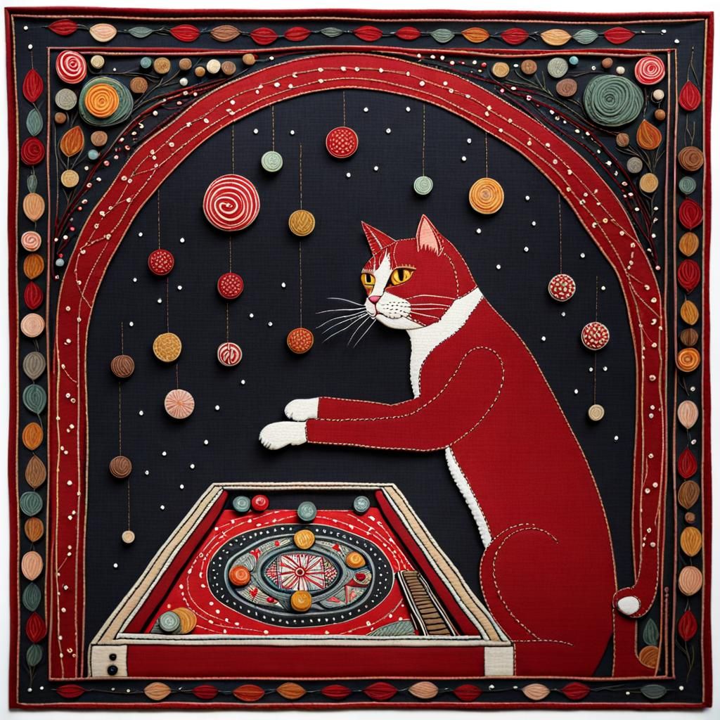Cat Playing Pinball in Textile Art Style