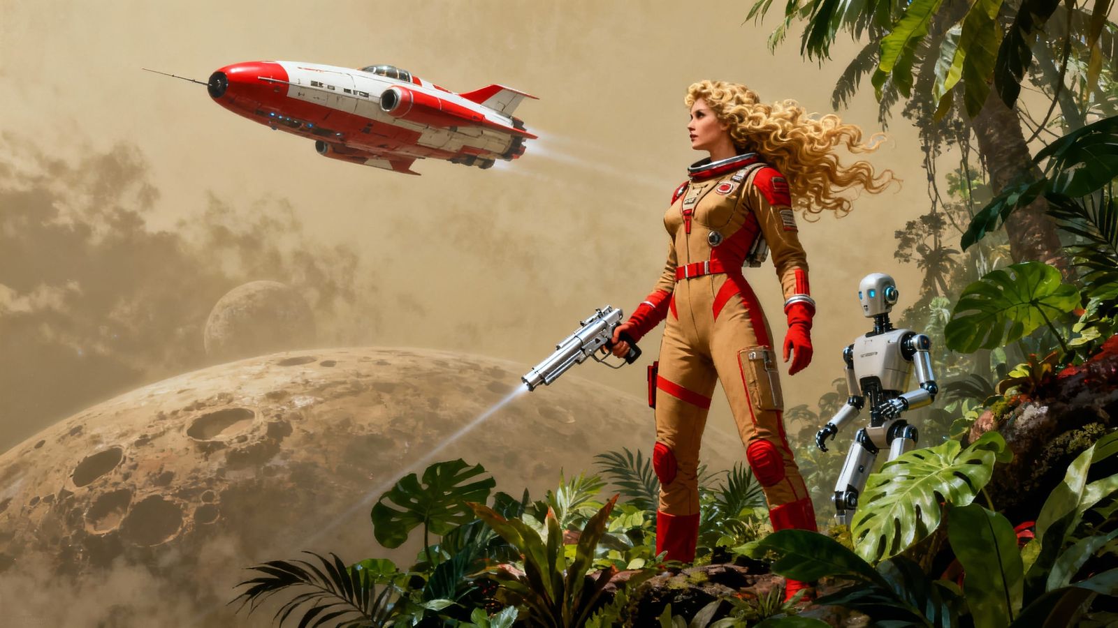 Space Woman on Jungle Planet in Retro-Futuristic Style