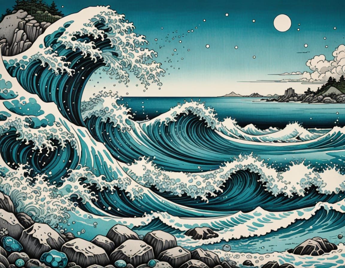 Turquoise Ocean Scene in Ukiyo-e Style
