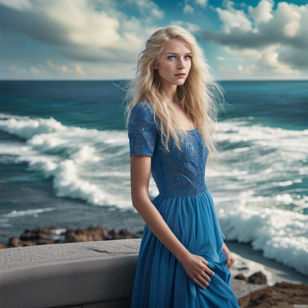 Blonde Girl by Blue Sea: Hyperrealistic Wide Shot