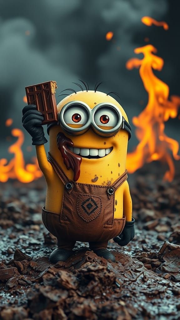 Dirty Minion Savoring Chocolate in a Fiery Sewage Scene