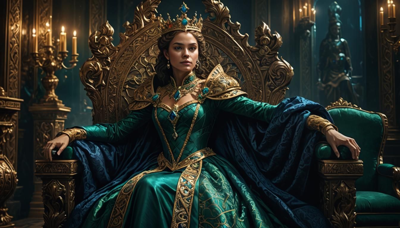 Ornate Queen on Throne in Emerald and Sapphire