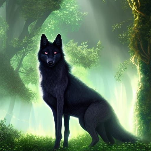 Black Wolf in Fantasy Forest: Detailed Matte Painting