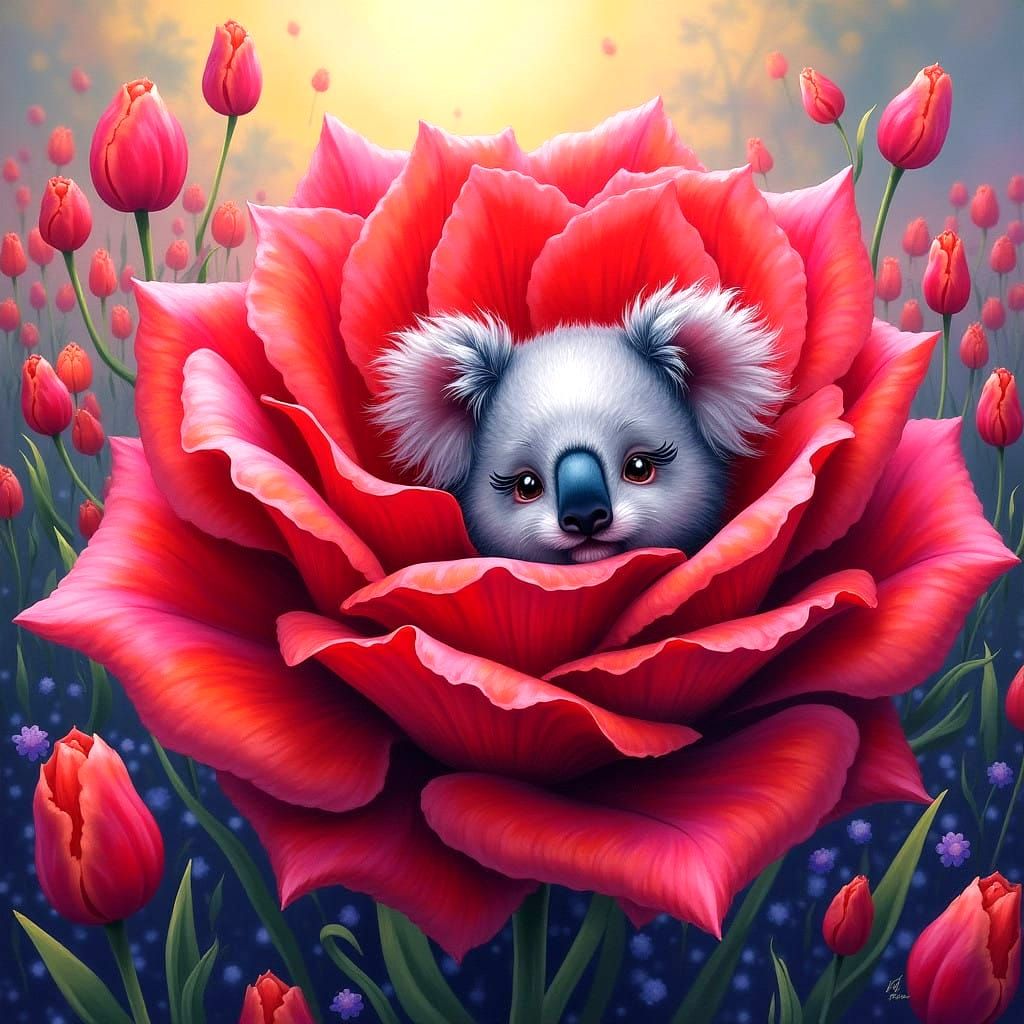 Whimsical Rose Garden with Koala