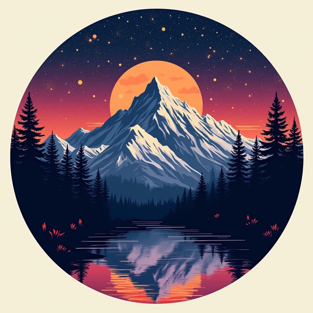 Starry Mountain Range in Minimalist Linocut Style