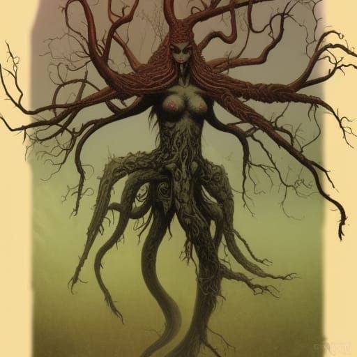 Intricate Tree Demon in Dark Academia Style