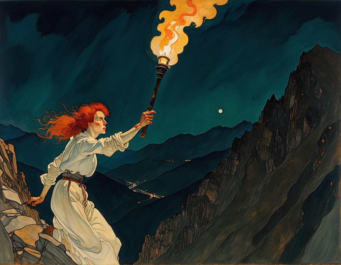 Fiery Midnight Flight: Woman Around Mountain, Expressionist ...