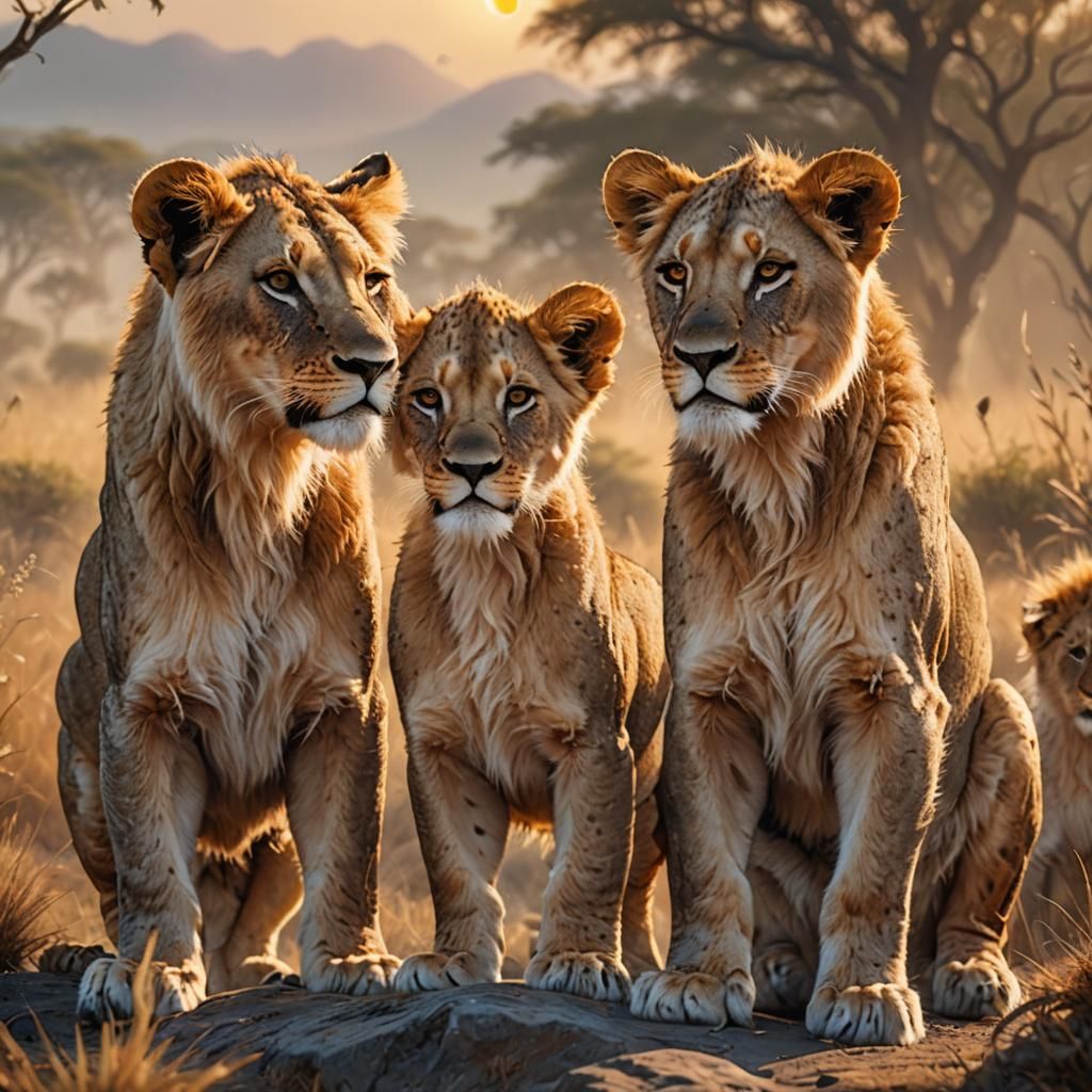 Lion Cubs on Parents in Misty Savannah