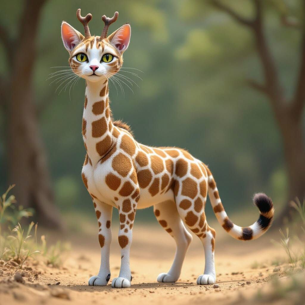 Calico Cat-Giraffe Hybrid Creature with Antlers