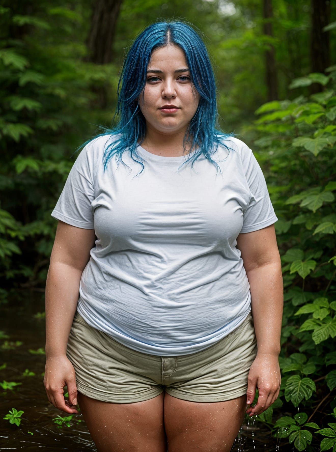 Sweating Woman with Blue Hair in Swamp