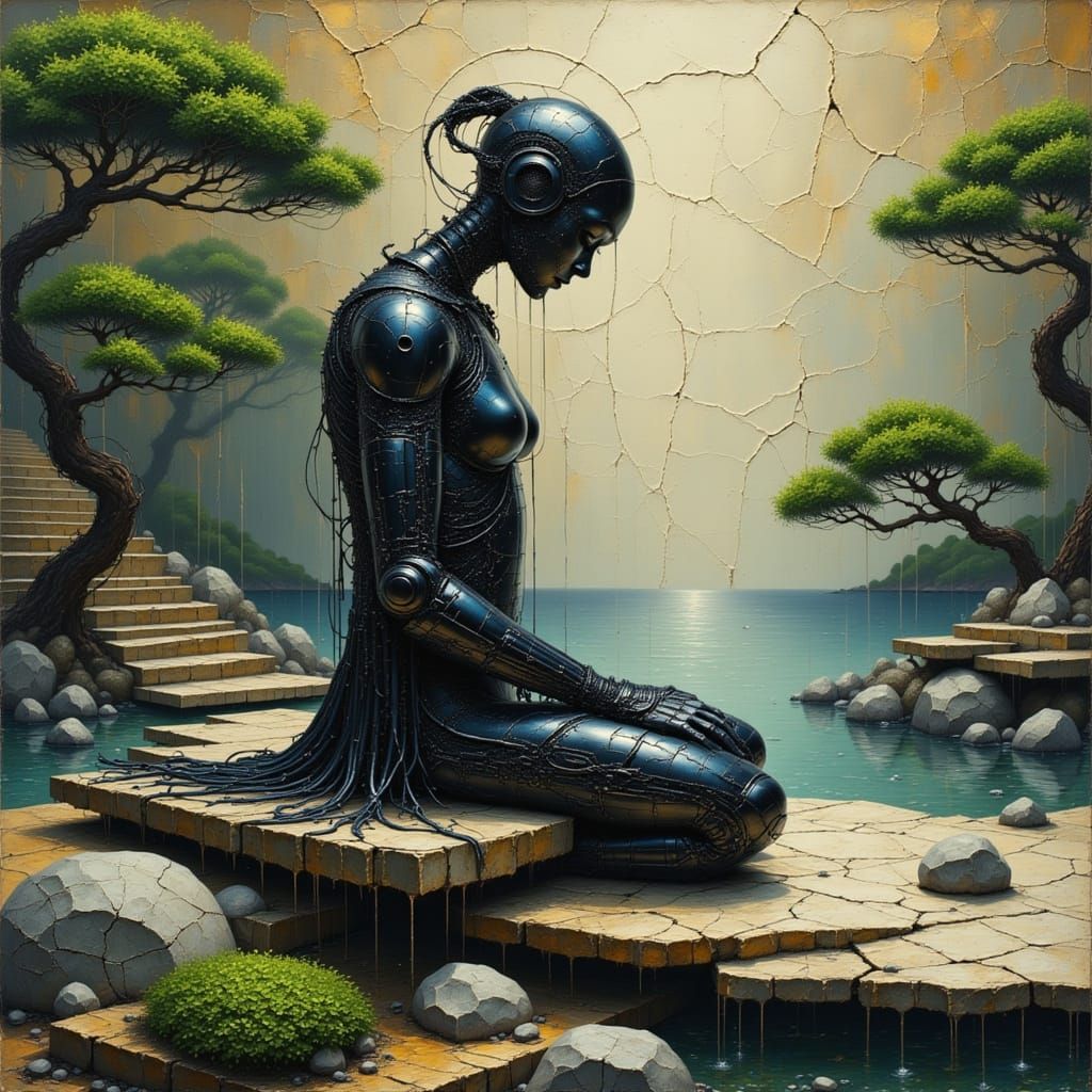 Cyborg Samurai serene meditation