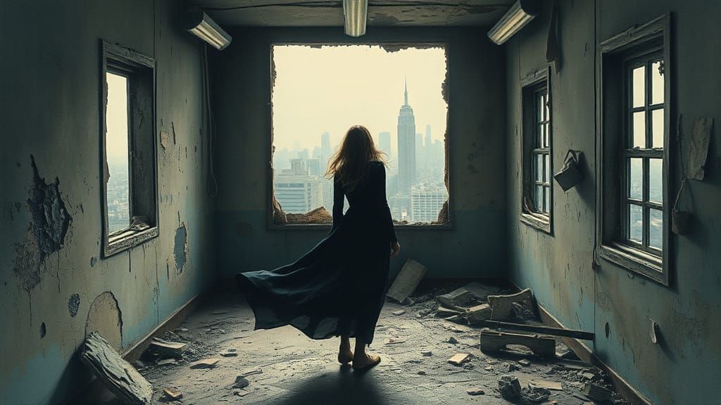 Dystopian Woman in Surreal, Impasto Cityscape