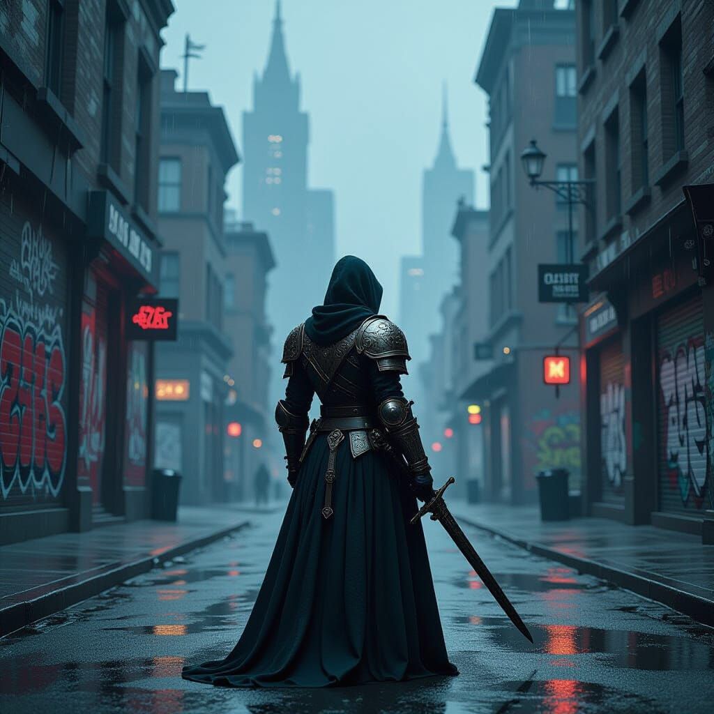 Queen's Guard in Dystopian Cityscape