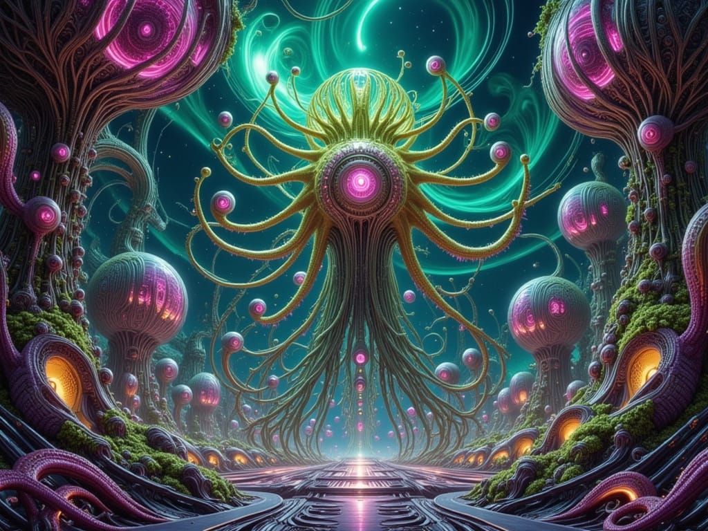 Surreal Biopunk Amoeba in Futuristic Cityscape