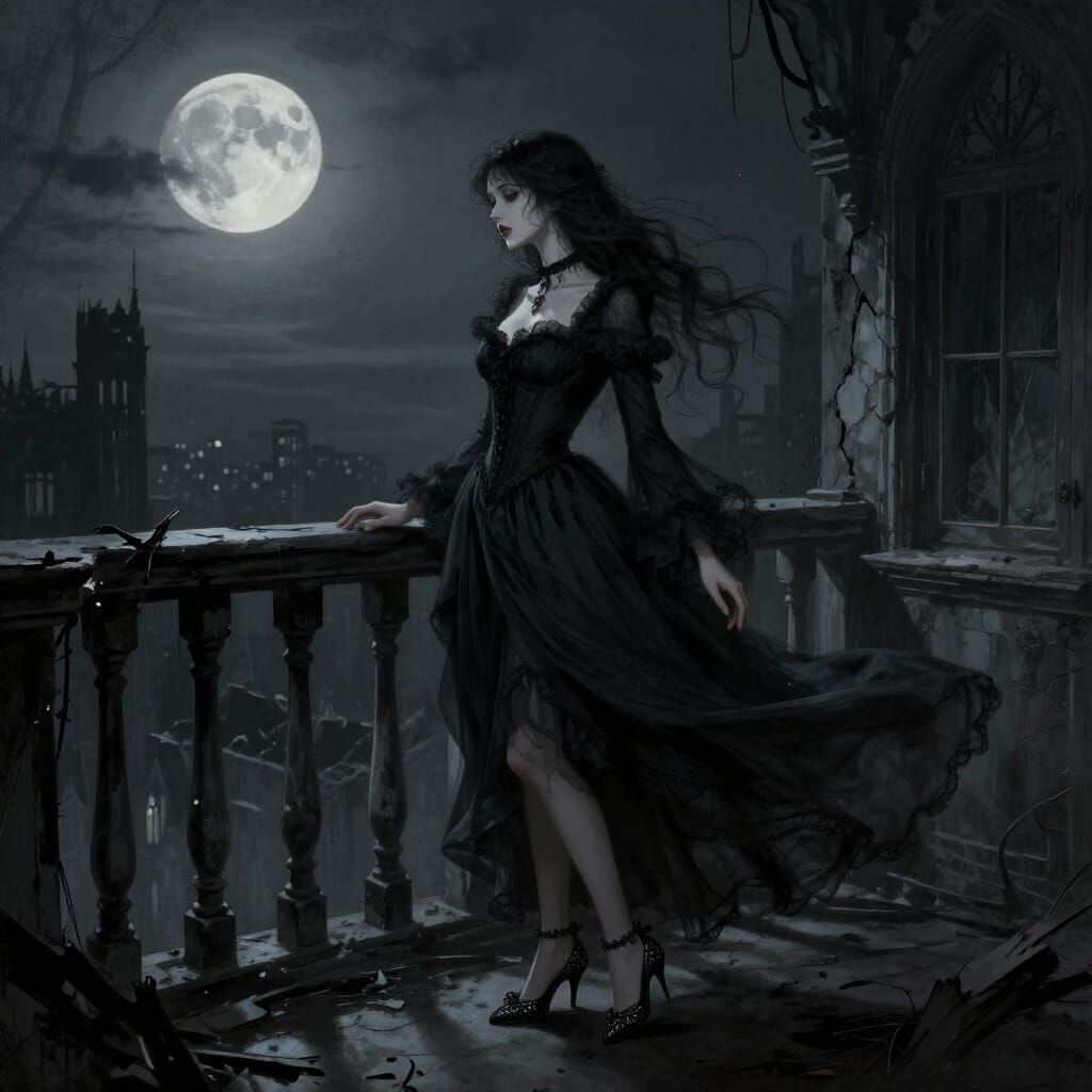 Gothic Romance Woman on Balcony Overlooking City