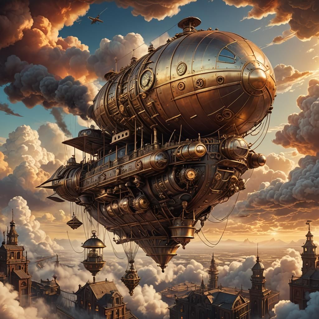 Steampunk Airship in Golden Sunset Light