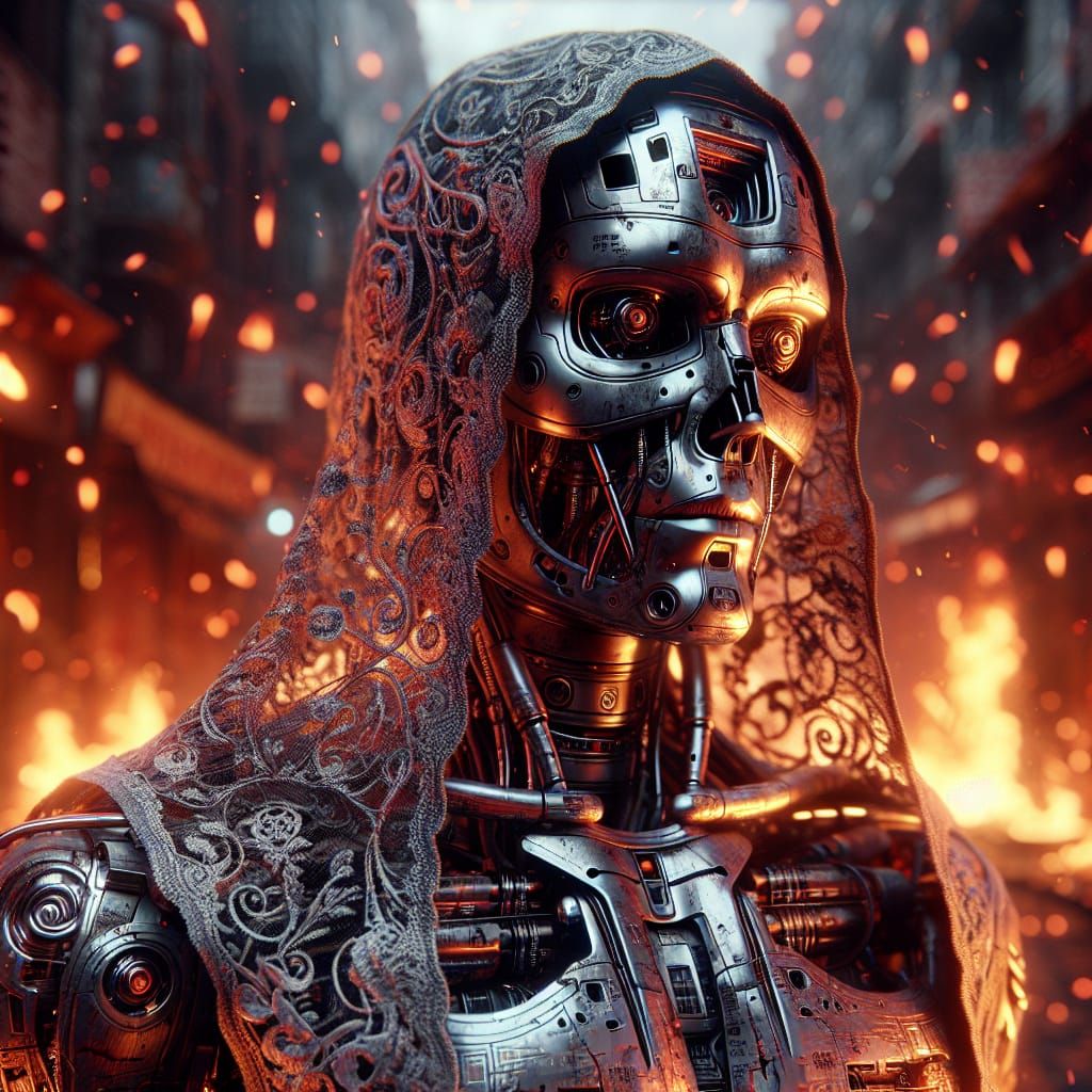 Android Wedding in a Burning Cityscape