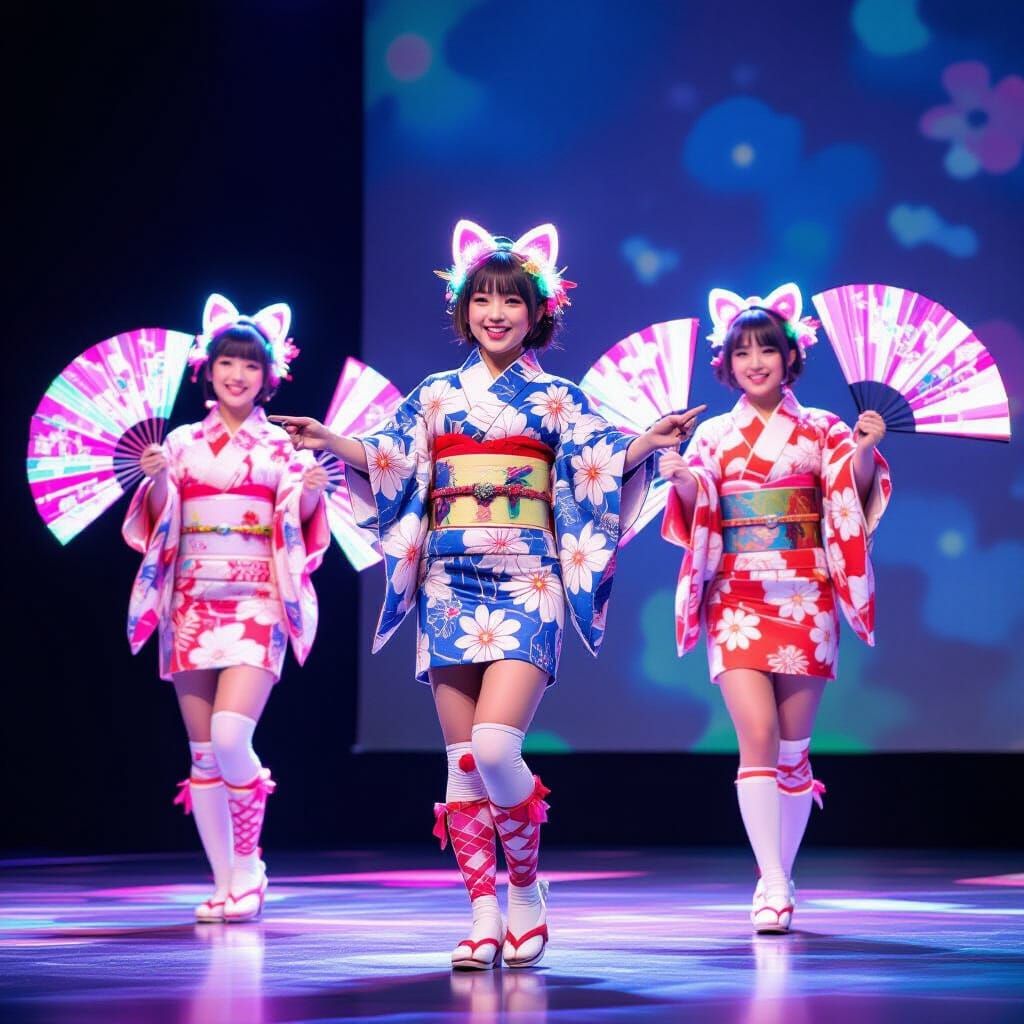 Japanese Girls Perform Joyful Dance in Pop Art Style