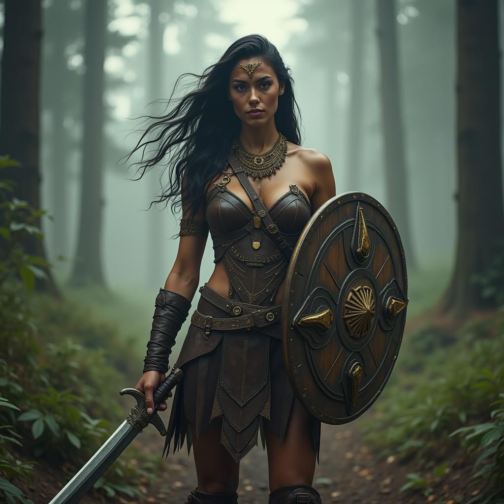 Heroic Amazon Warrior in Misty Forest