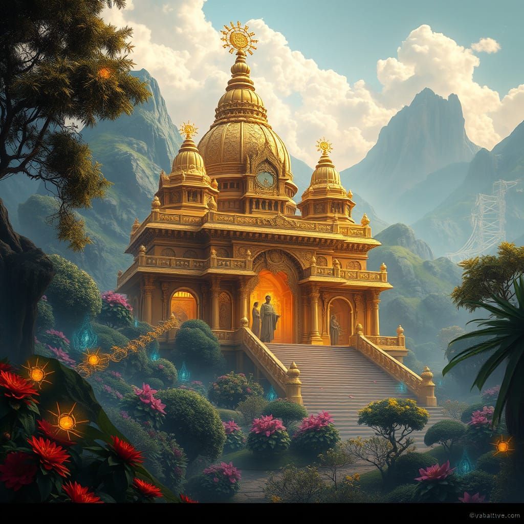Majestic Golden Temple in a Lush Fantasy Realm