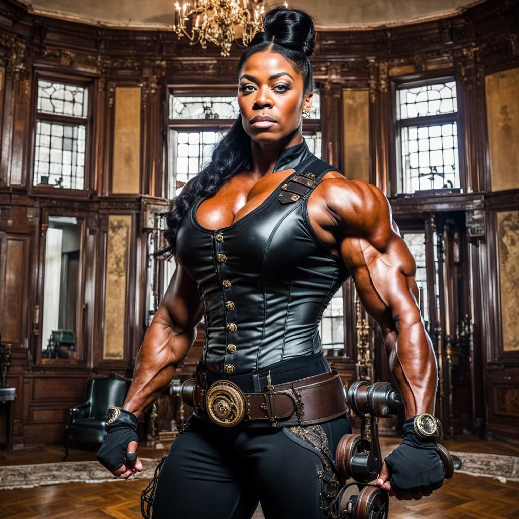 Steampunk Bodybuilder in Victorian Drawing Room