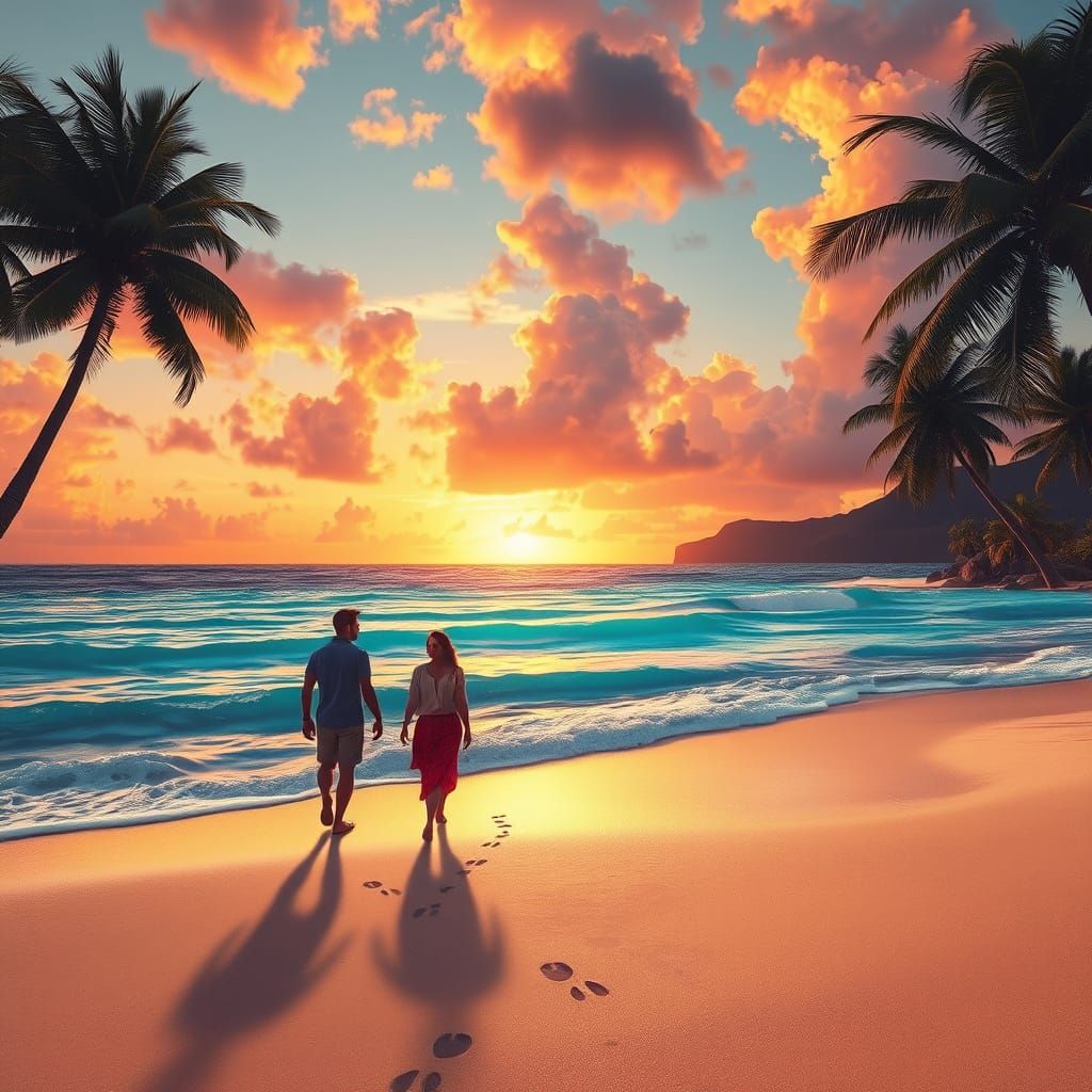 Tropical Beach Sunset Matte Painting, Fantasy Concept Art