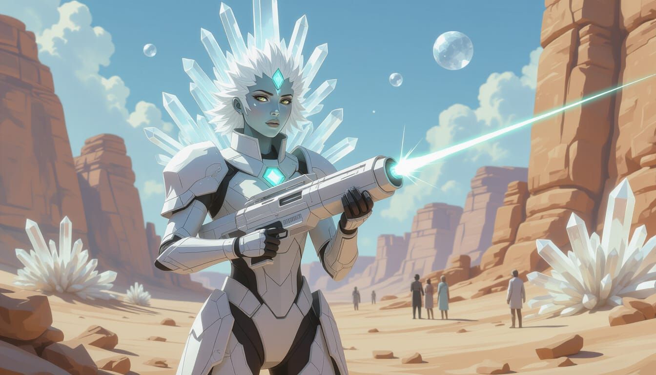 Selenite Crystal Gem Warrior in Fantasy Landscape