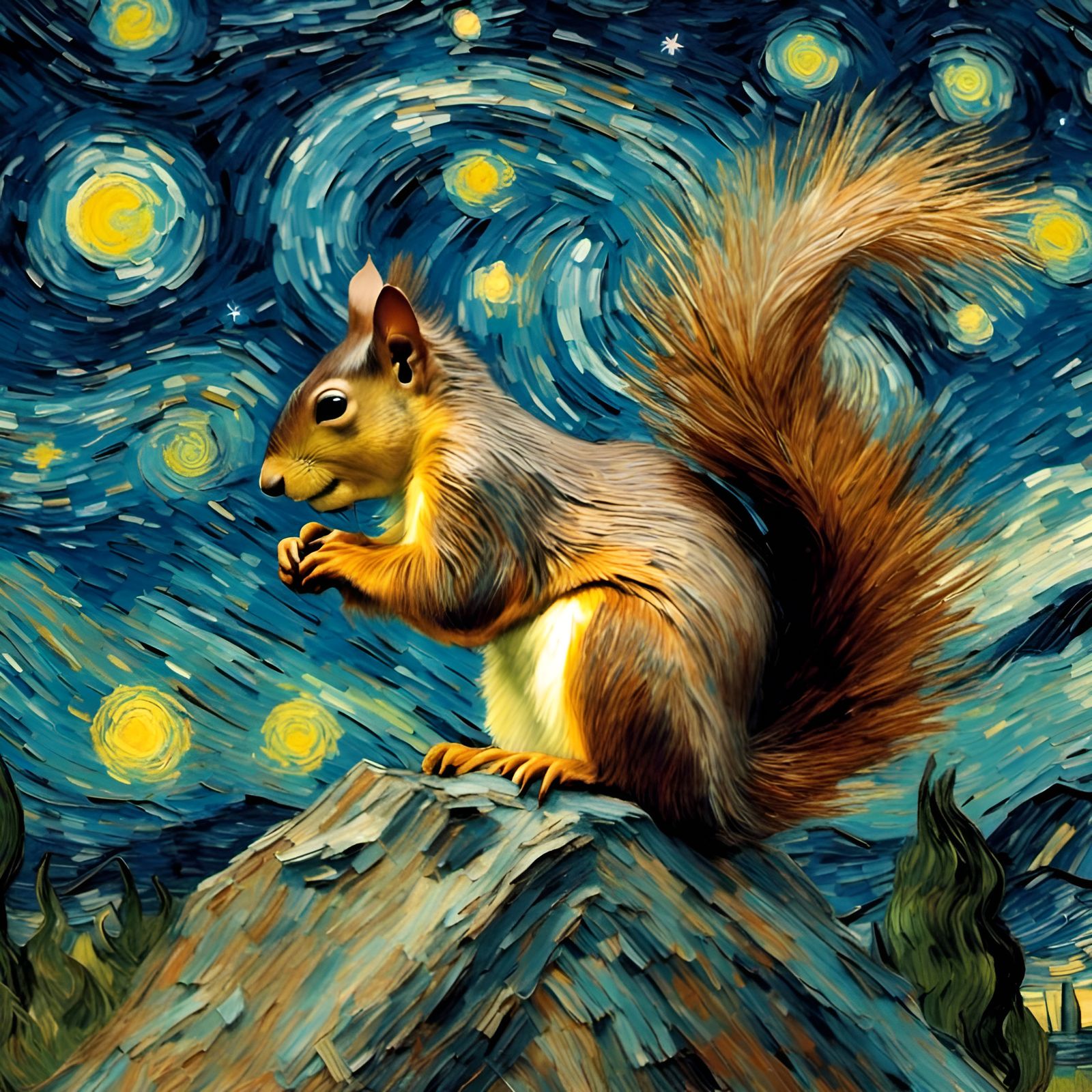 Squirrel in Starry Night Forest, Van Gogh Style
