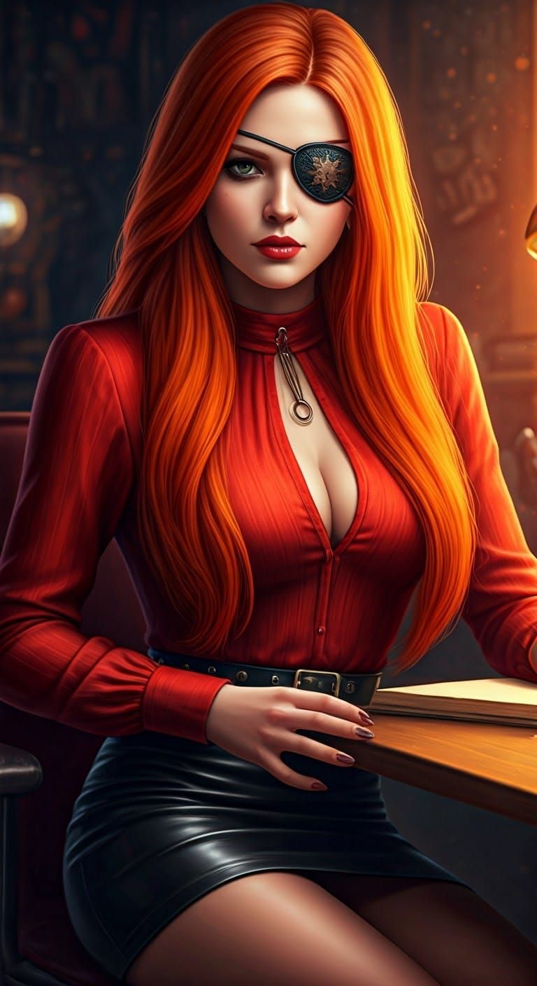 Red Haired Woman with Eyepatch in Hyperrealistic Style