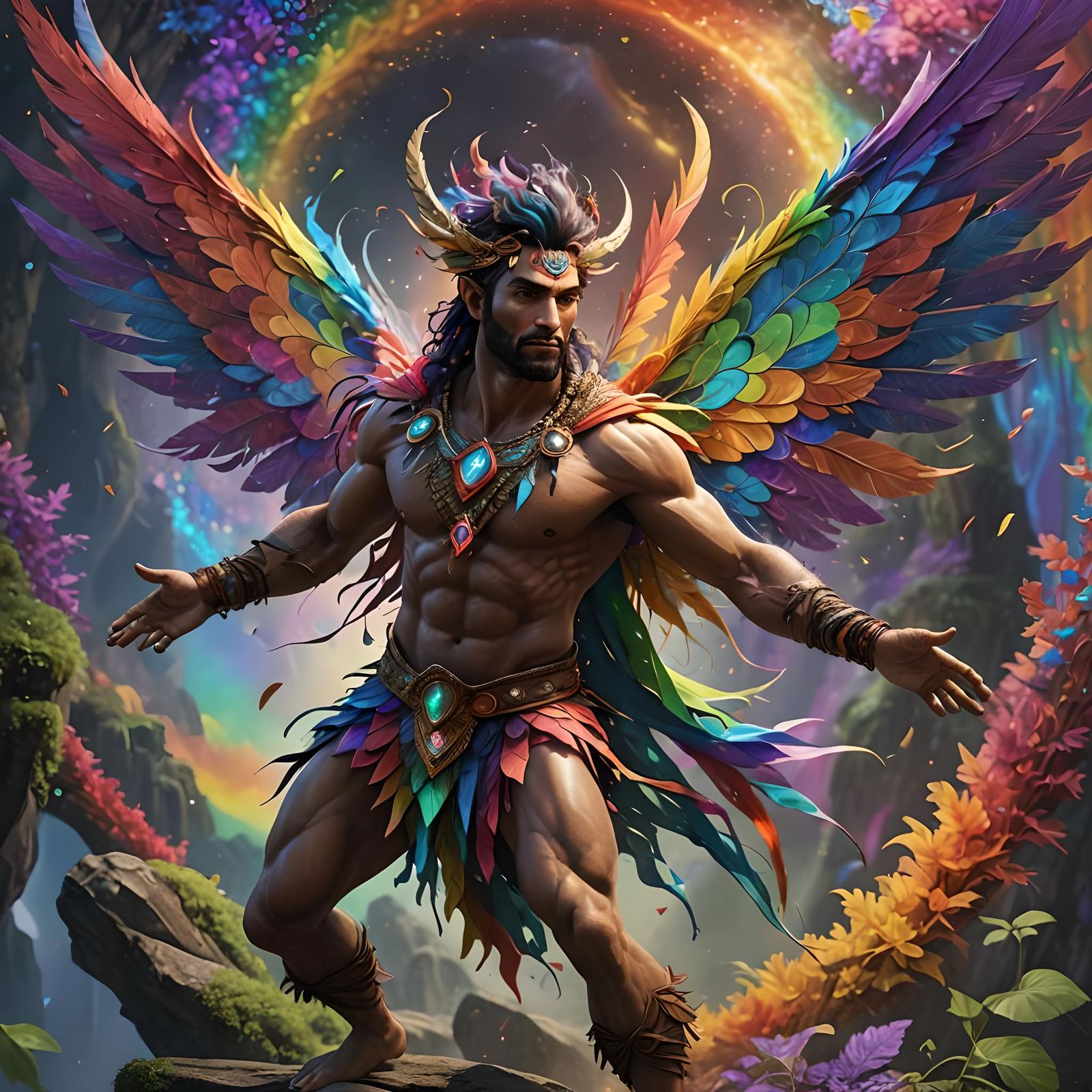 Rainbow Fairy Man with Fractal Background