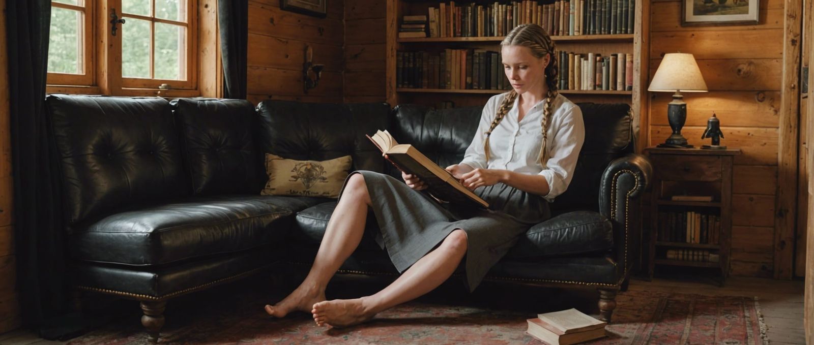 Cabin Library with Woman Reading to Baby