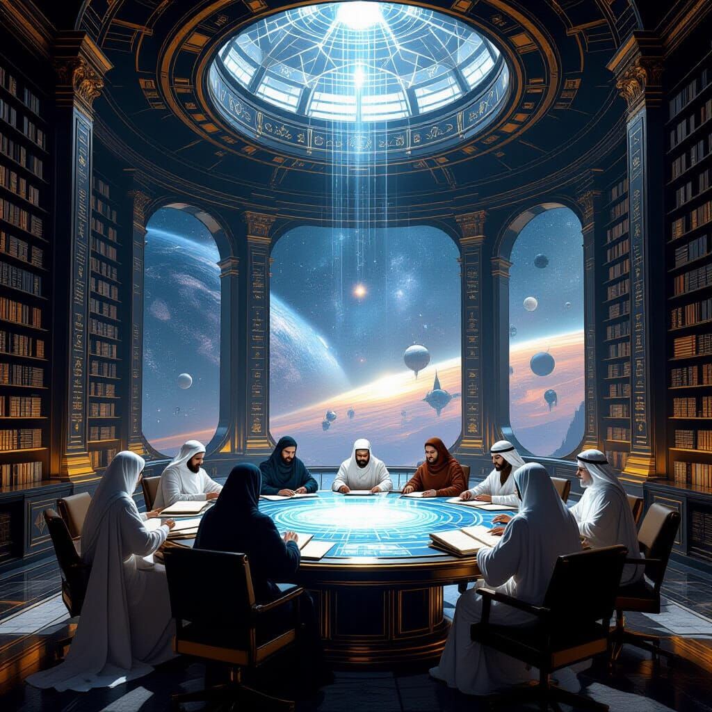 Futuristic Muslim Scholars in Baroque Style Library