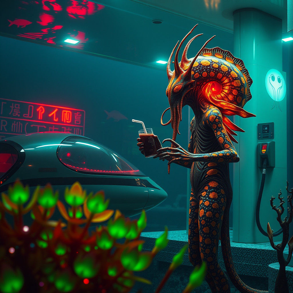 Aquatic Alien Refuels Submersible at Underwater Gas Station
